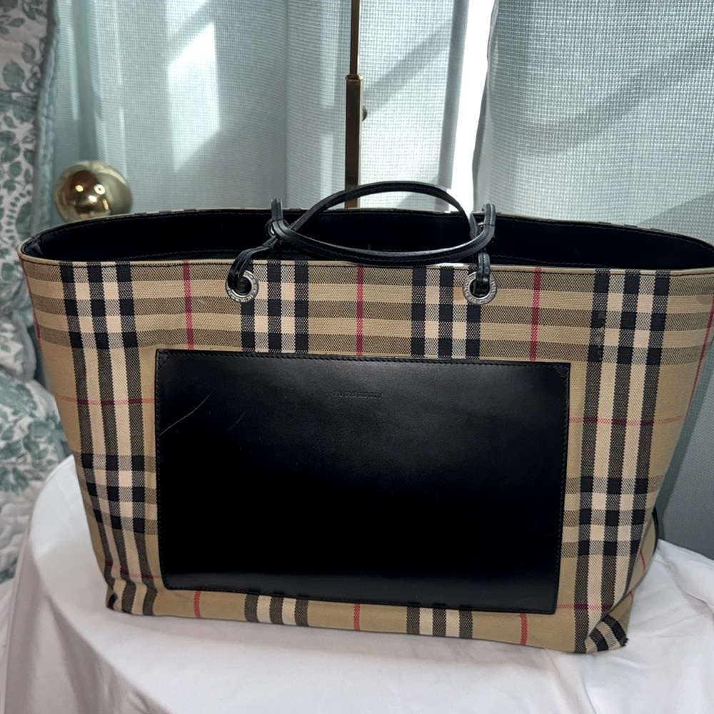 Burberry Beige Black Plaid Canvas Tote with Black Leather Pocket